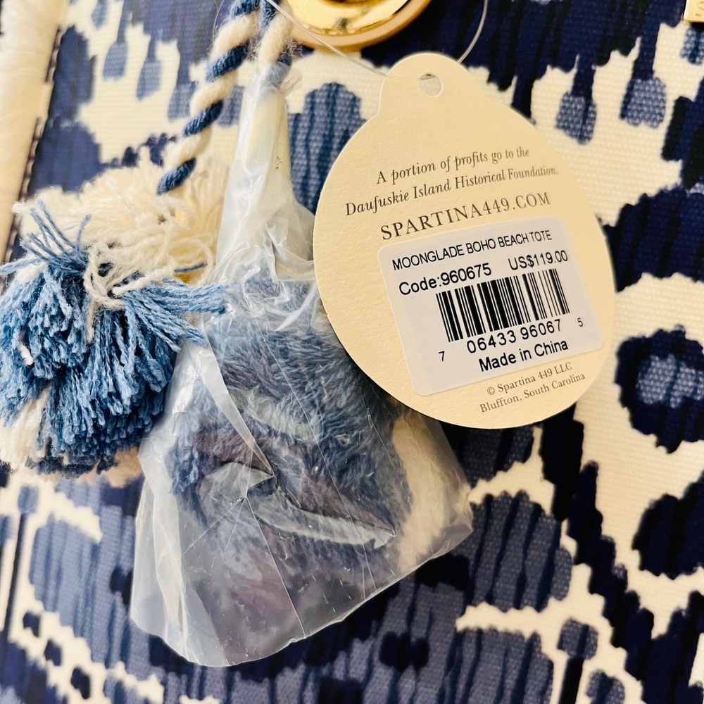 Spartina 449 Moonglade Boho Beach Tote Blue White Ikat Fringe 960675 Rope Straps - Picture 8 of 14